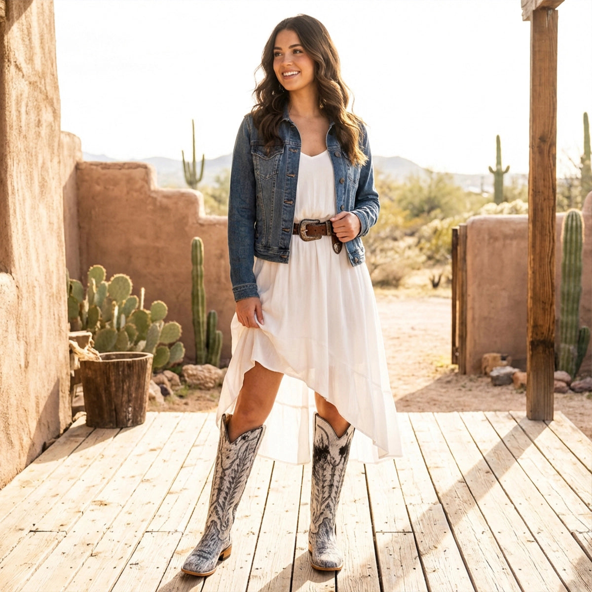 Woman in a white dress and denim jacket with hair-on hide cowgirl boots standing on a wooden deck with desert landscape in the background.