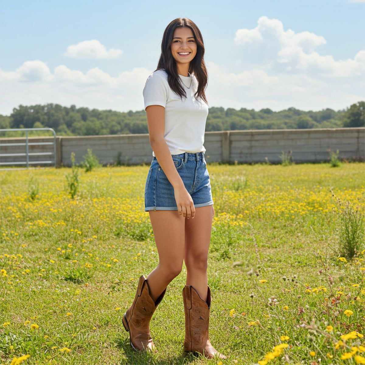Women wearing square tos cowgirl boots with white top and shorts