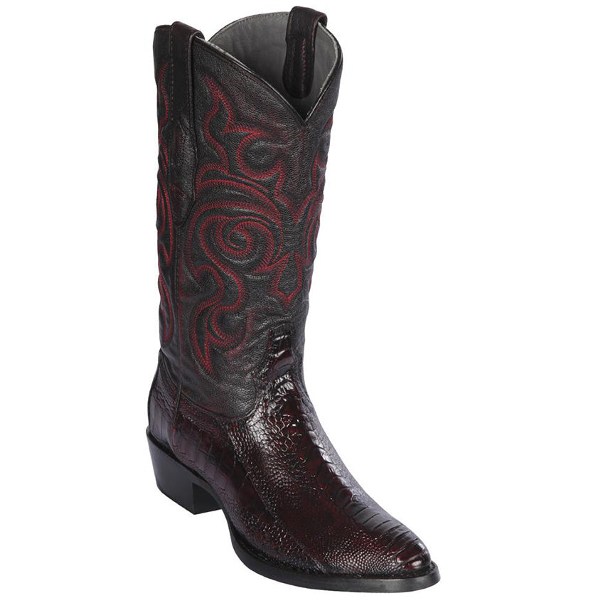 Los Altos men's black cherry genuine caiman belly leather cowboy boot round toe profile.