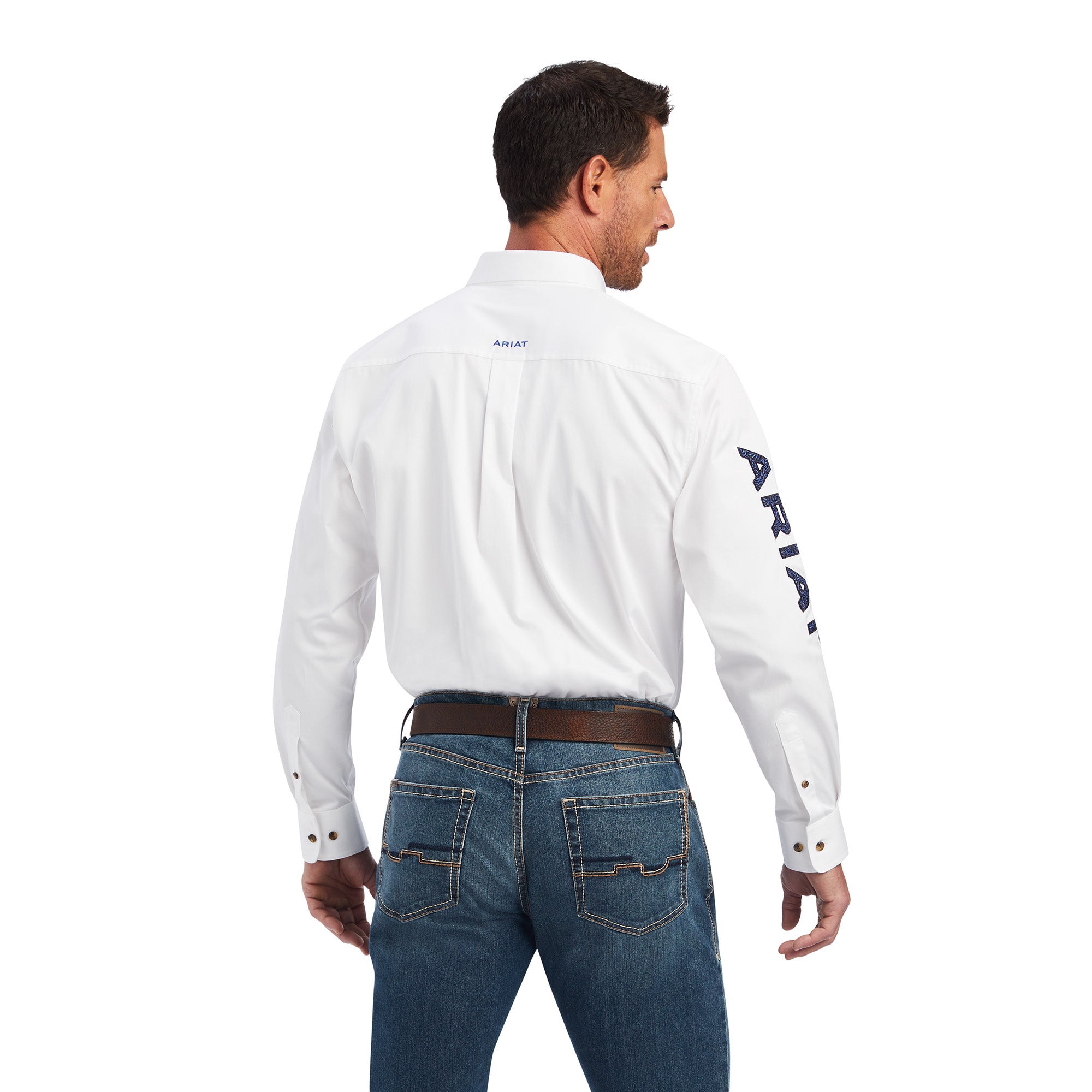 Back view of Men's White Team Logo Twill Classic Fit Ariat Shirt