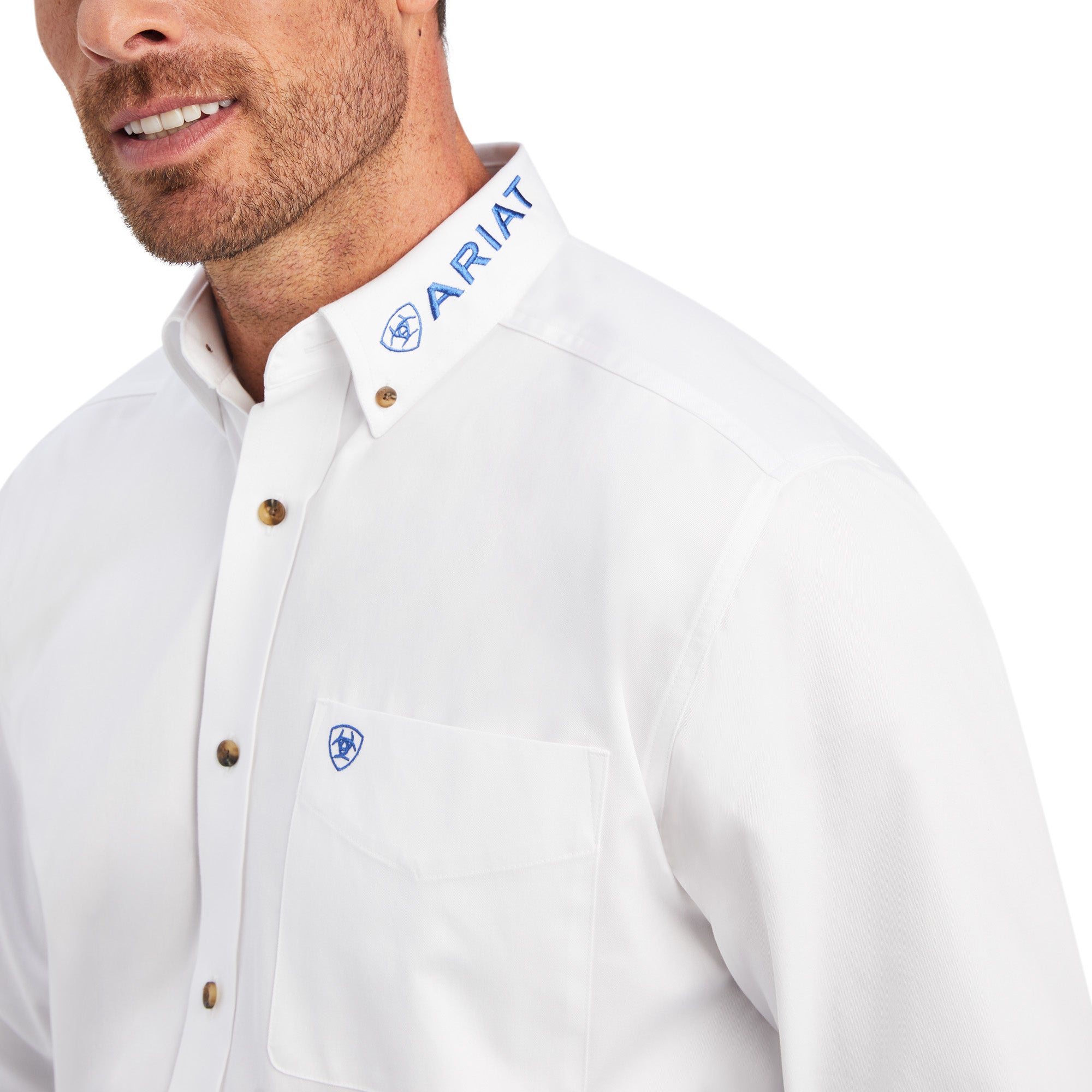 Close up of Men's White Team Logo Twill Classic Fit Ariat Shirt