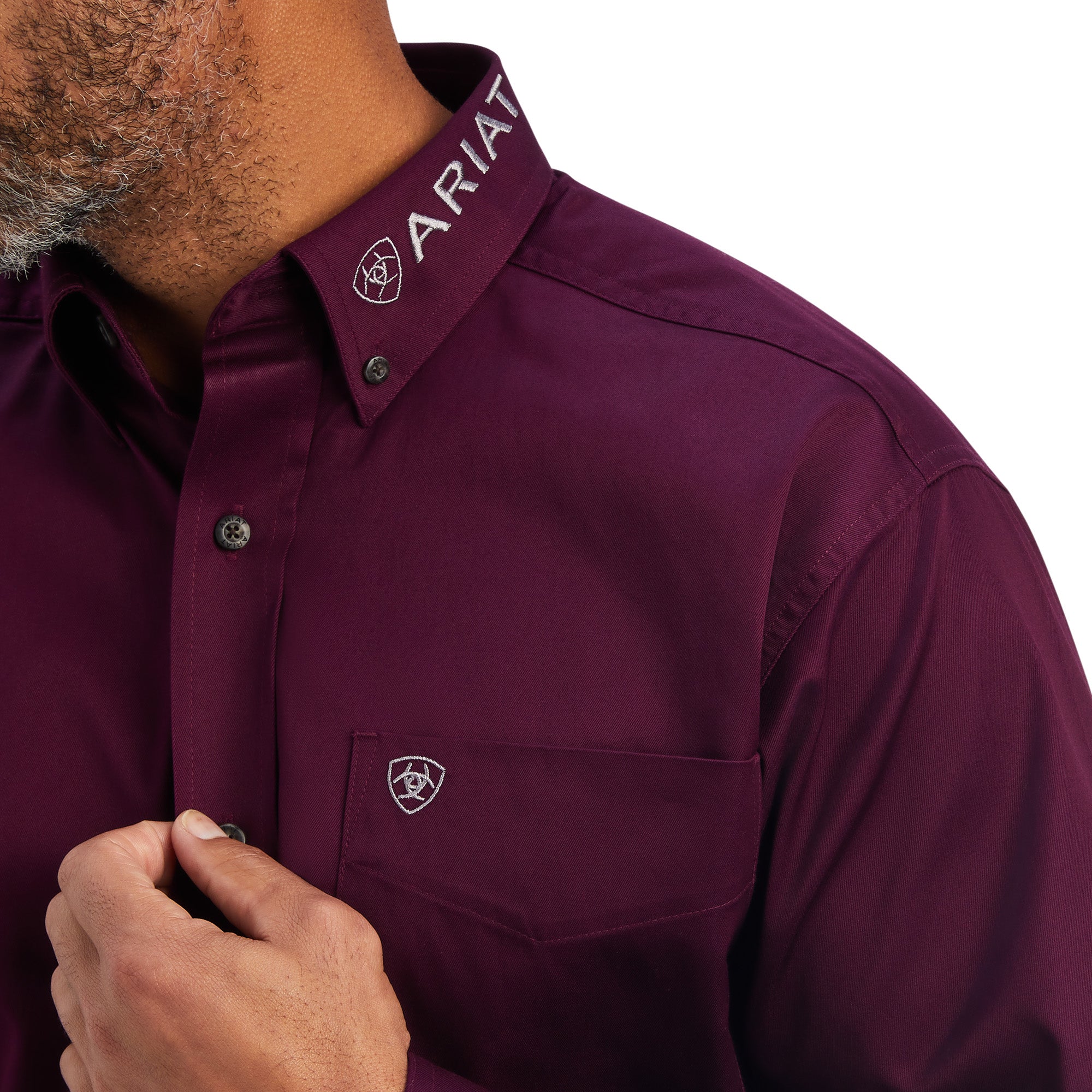 close up Ariat Men's Beet Purple Team Logo Long Sleeve Shirt