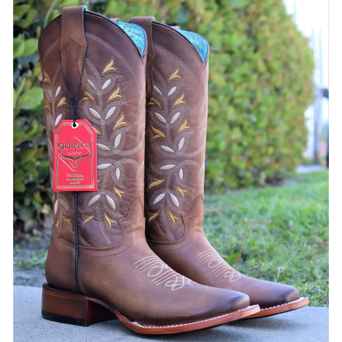 Quincy Floral Brown Cowgirl Boots Square toe