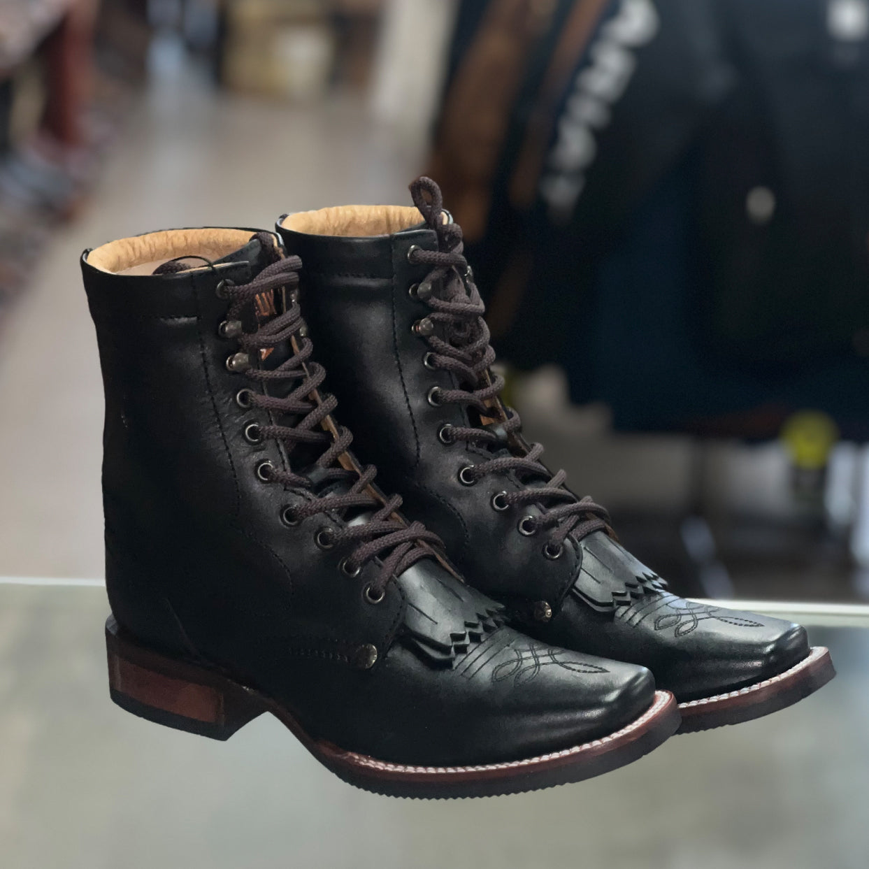 Mens Black Lace Up Boots Square Toe