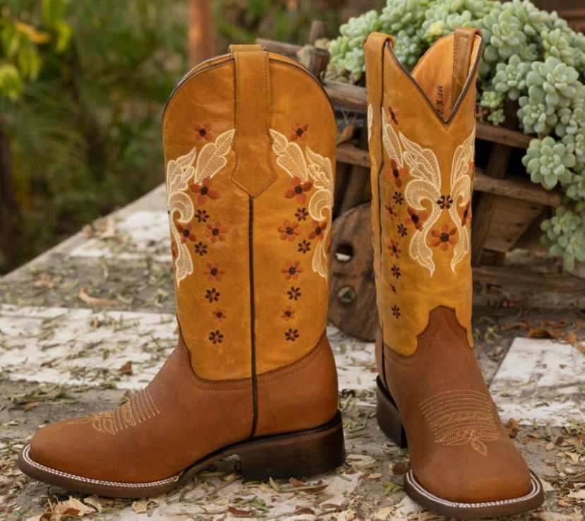 Flowered Butterfly Square Toe Cowgirl Boots -1