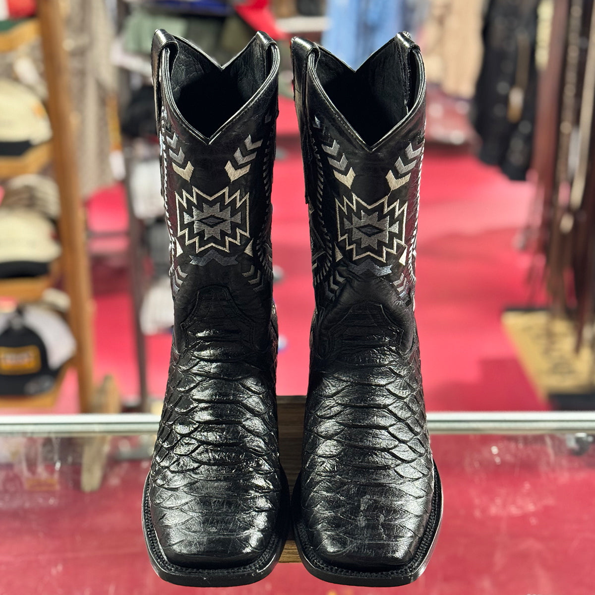 El General Men's Black Python Print Square Toe Cowboy Boots