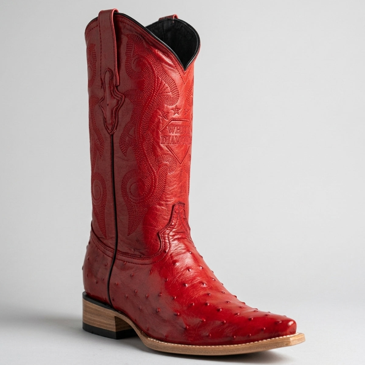 Men's red ostrich print pointy cowboy boot.