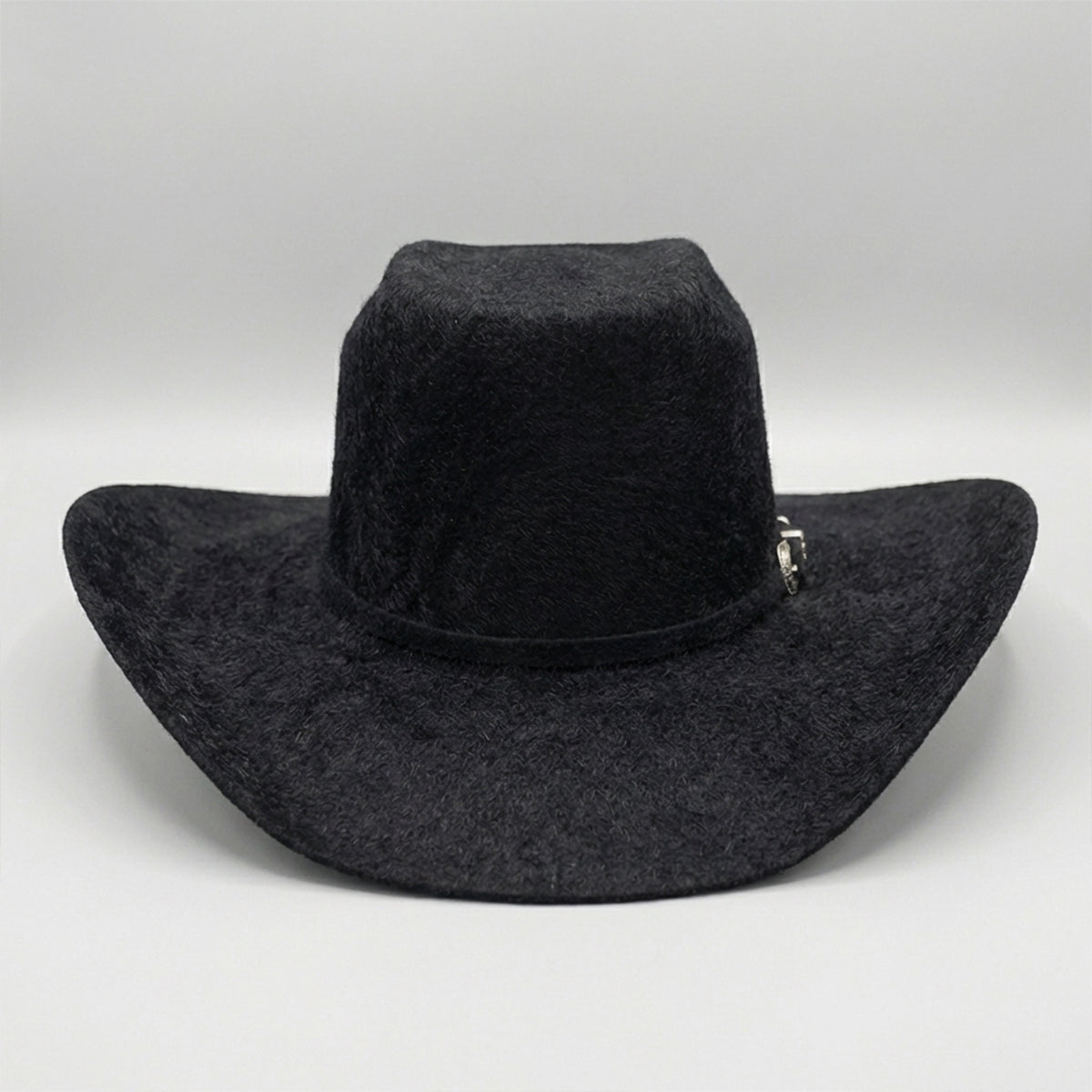 Front view of Cuernos Chuecos Grizzly 30X Brick Crown Black Felt Cowboy Hat