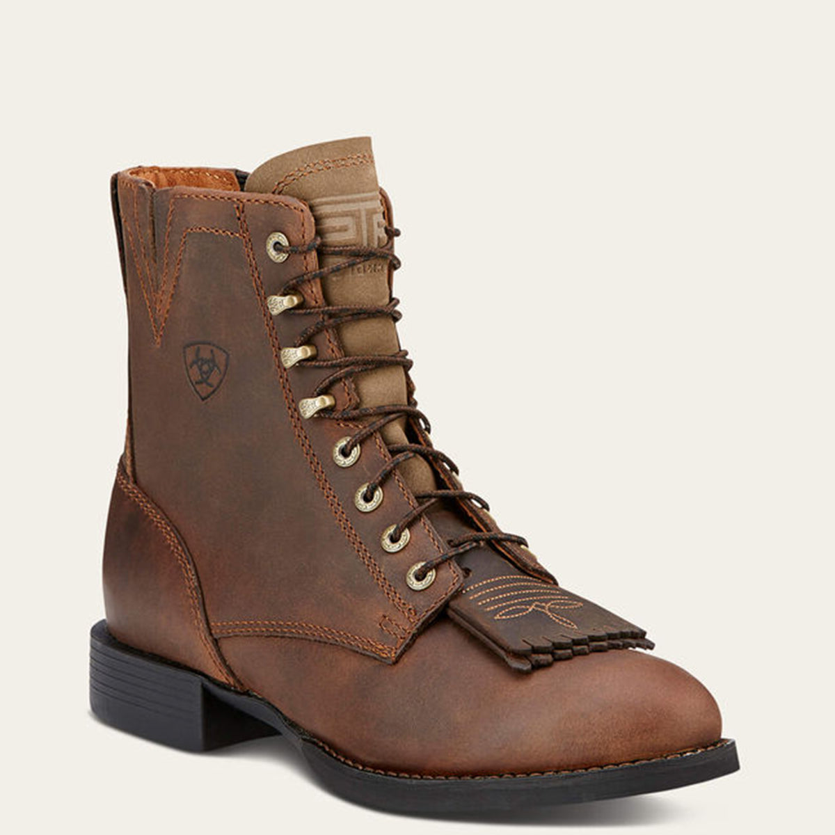 Ariat women's brown full-grain leather lace-up work boot featuring a roper heel, speed hooks, kiltie overlay on the toe.
