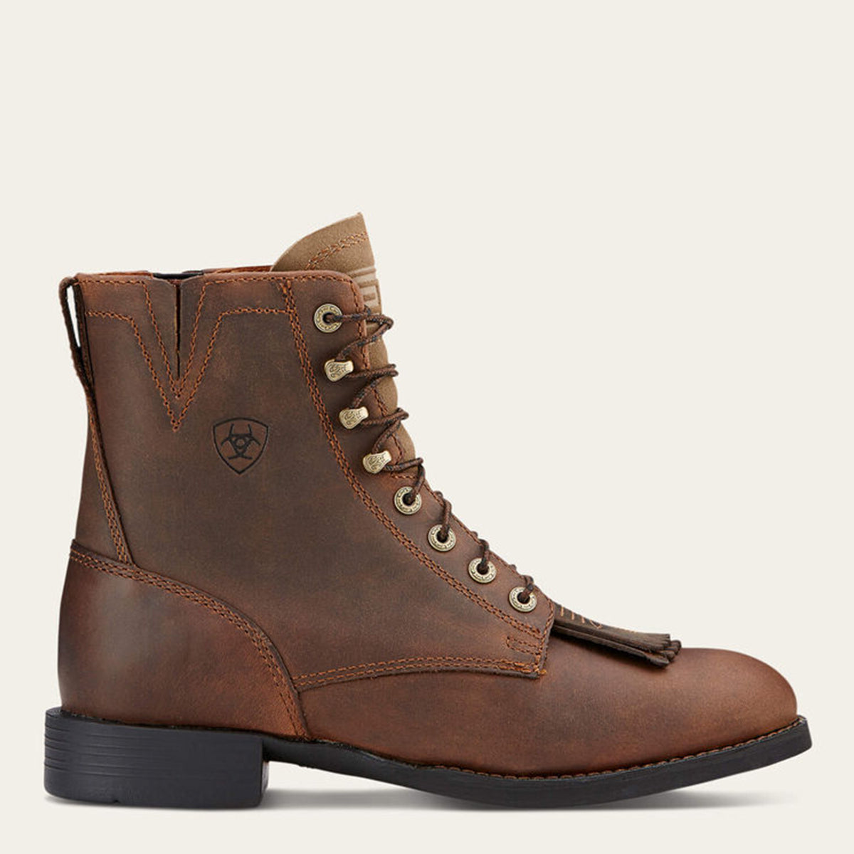 Side view of women's Ariat Heritage lace up distressed brown boot.