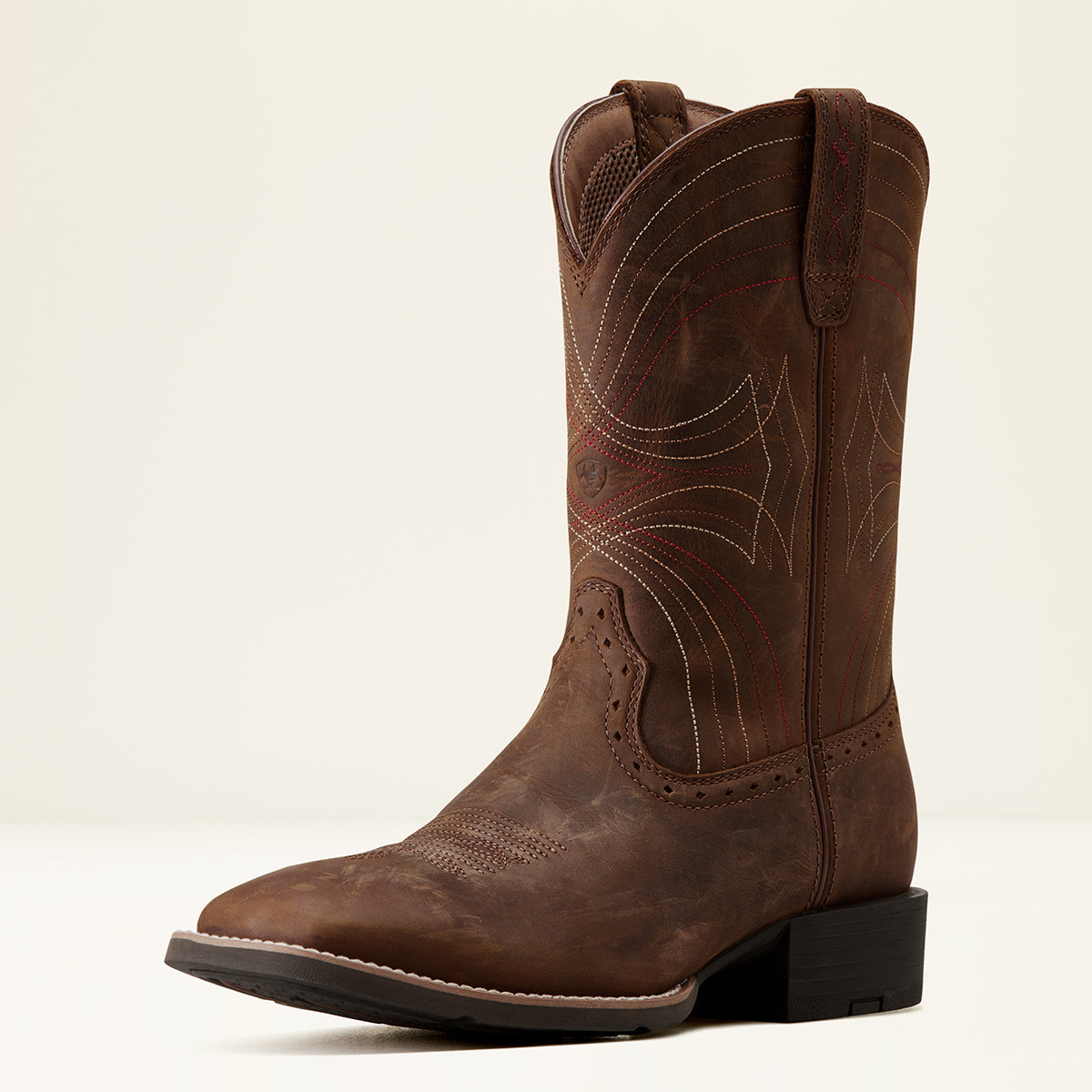 Profile view of the Ariat Men's Sport Distressed Brown full-grain leather Cowboy boot showing the wide square toe and welt stitching.