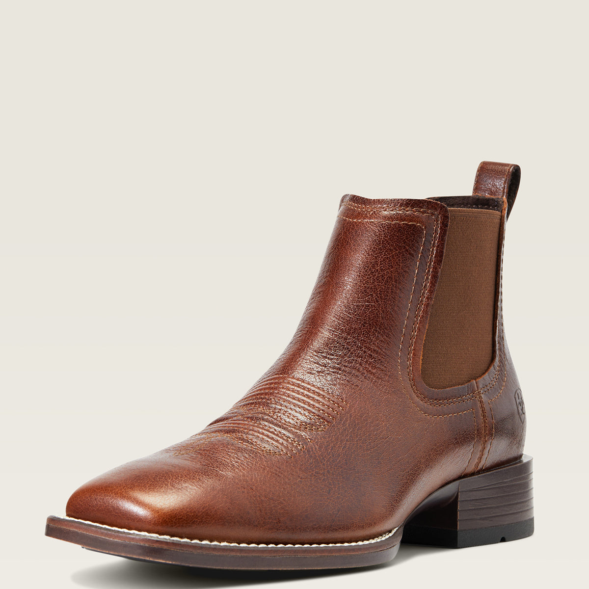 Ariat Men’s Booker Bantamweight Royal Brown Ankle Cowboy Boot in full-grain leather with broad square toes, elastic side panels, and double-stitched welts.