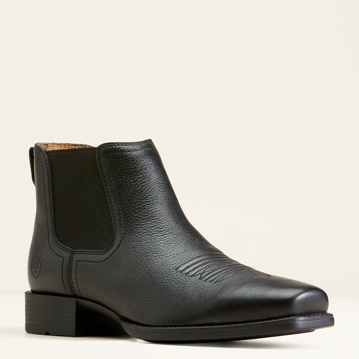 Ariat Booker Ultra Men’s Black Square Toe Western Chelsea Boot in pebbled full-grain leather with elastic side gores, traditional toe stitching, and a Duratread outsole.
