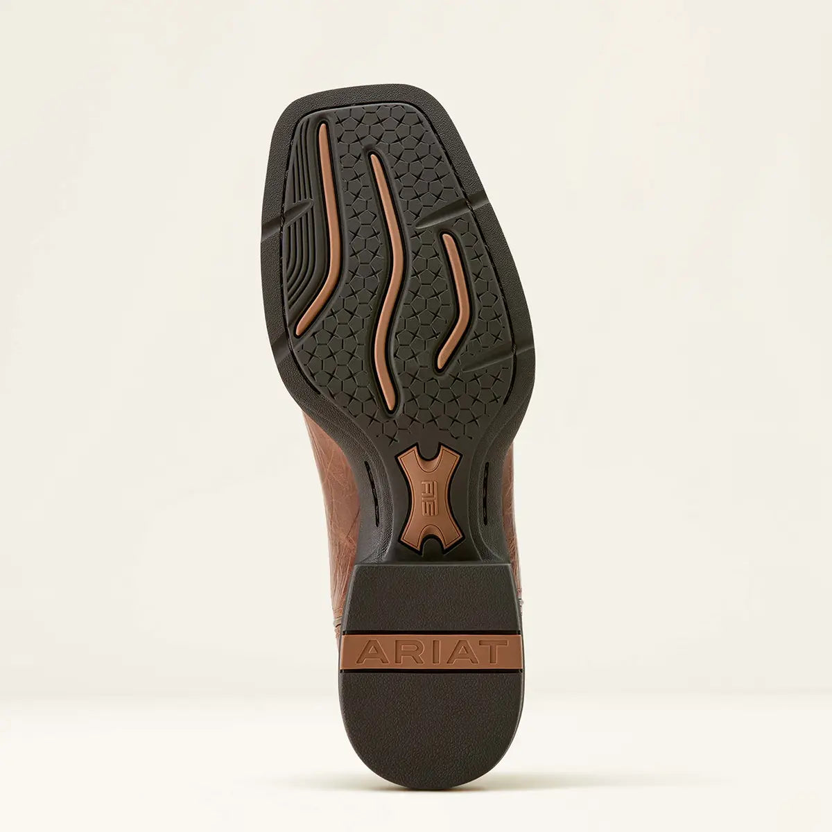 Bottom view of the Ariat Duratread rubber outsole on the men's Sport Western boot displaying tread grooves, ATS shank badge, and Ariat heel logo.