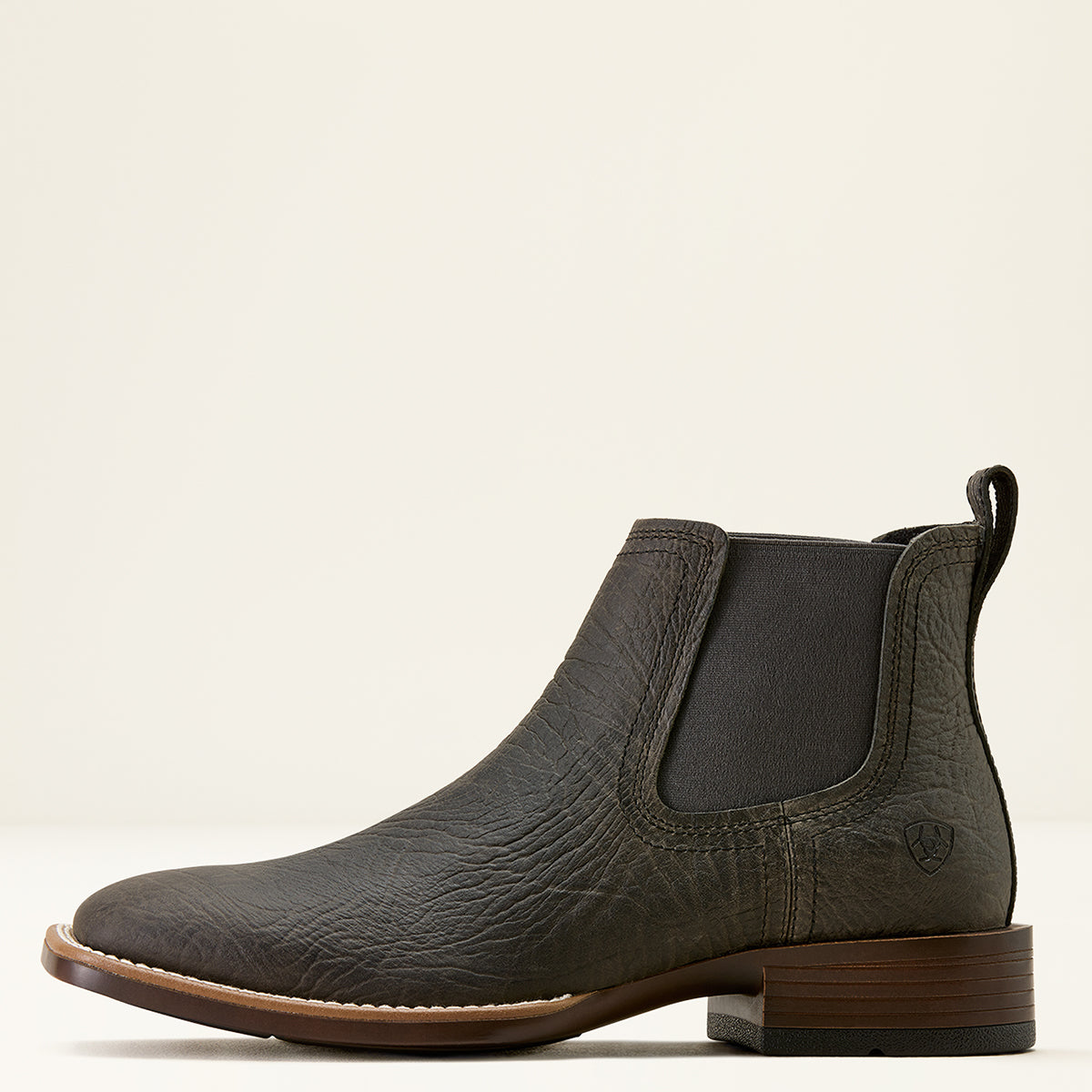 Ariat men's hipo print leather Chelsea western square toe boot with a dark elastic side panel and a low stacked heel, shown from a side profile on a light cream background.