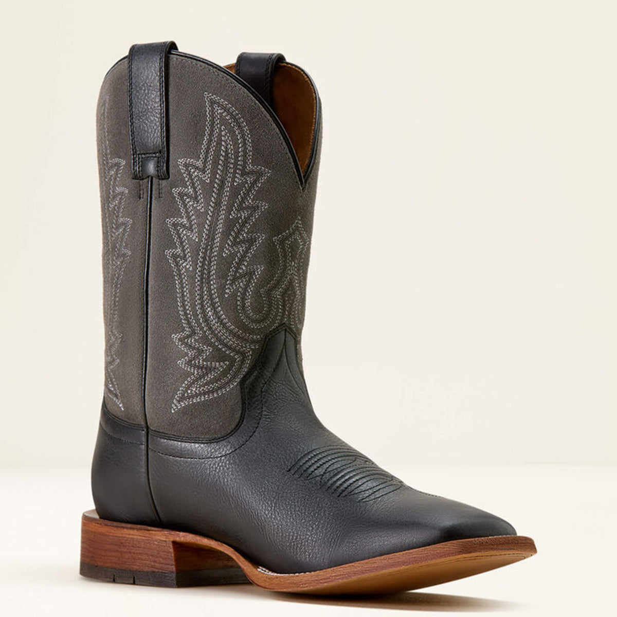 Ariat Country Road men's black square toe cowboy boot with intricate stitching on a white background.
