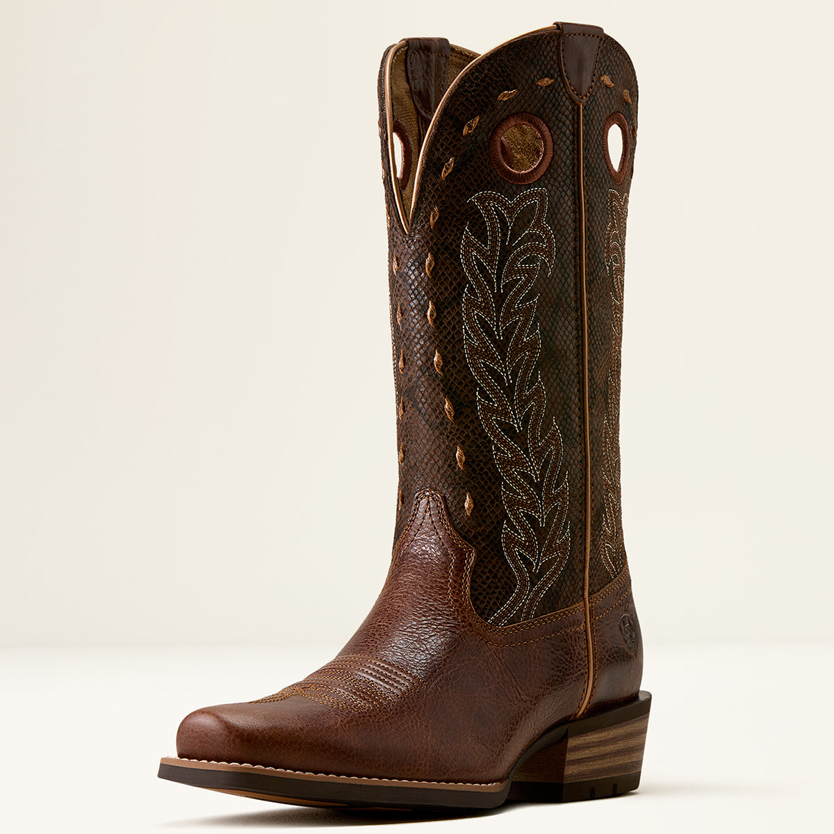 Ariat Women’s Lucera Performance Cowgirl Boot in brown full-grain leather featuring a textured upper shaft with pull holes, whip-stitched topline, and a square toe.