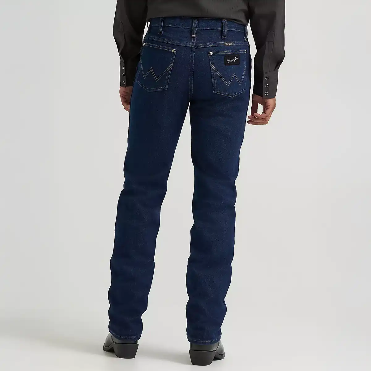 Back view of Wrangler Men's Silver Edition slim fit jeans highlighting the black and silver patch and signature W pocket stitching.