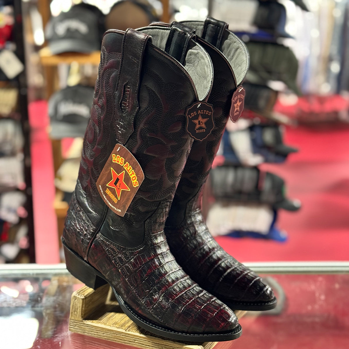 Los Altos men's black cherry caiman belly leather western boots round toe profile.