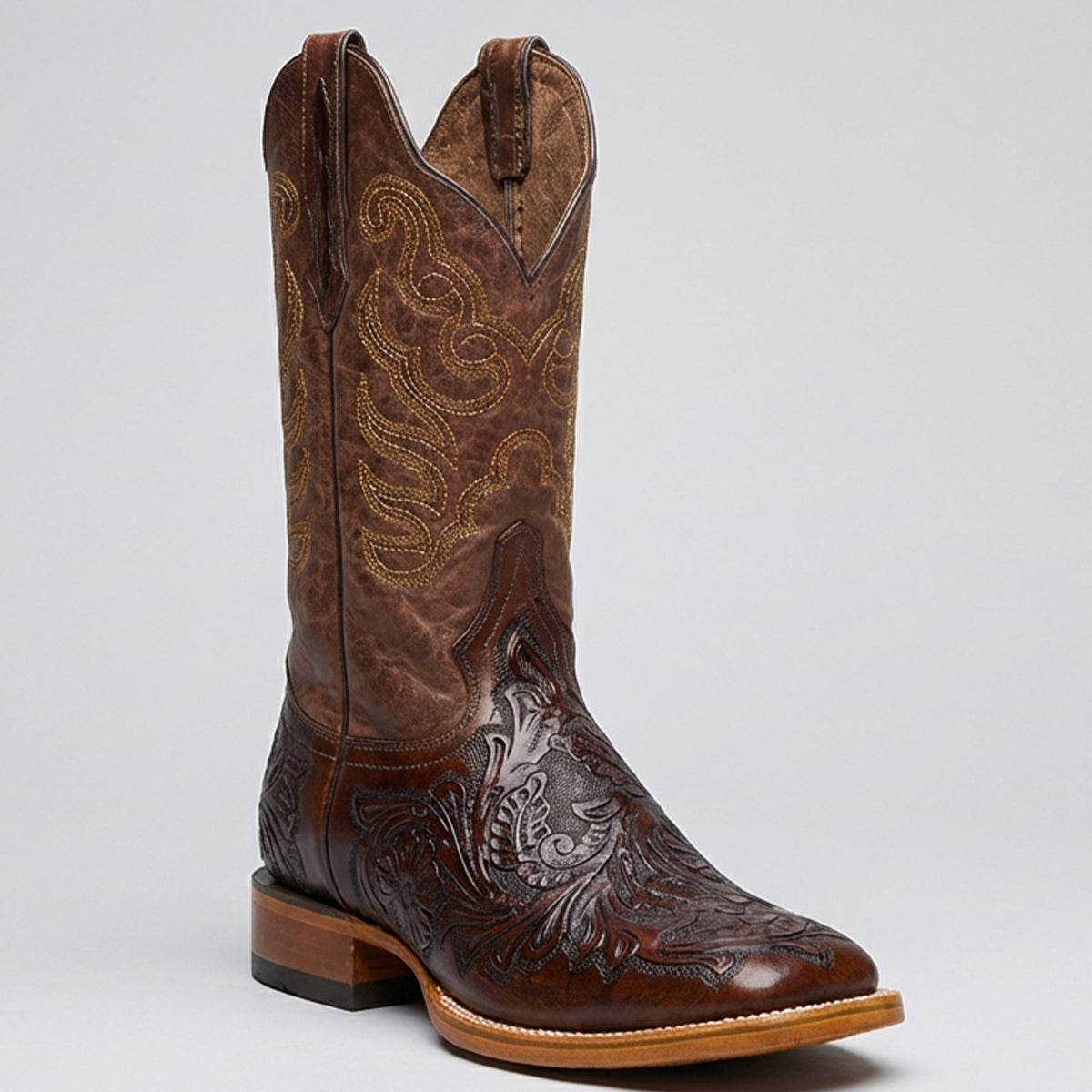 Brown Hand-Tooled Western Square Toe Boot