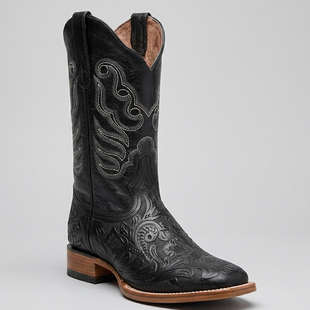 Men's Black Hand-Tooled Western Square Toe Boot