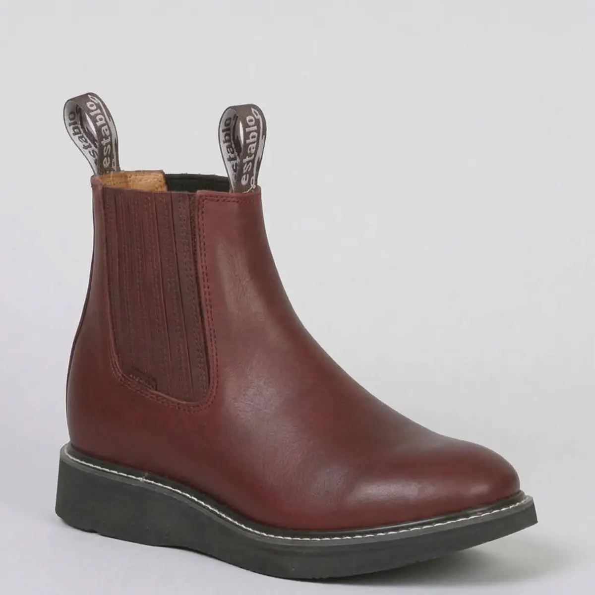 Studio profile view of the Establo Men's Wine short pull-on work boot displaying the genuine leather upper, elastic side gore, woven pull tabs, and rubber wedge sole.
