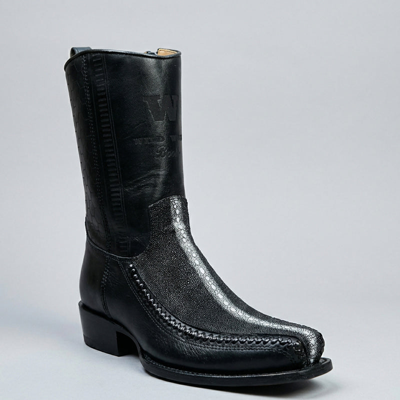Wild West Men's Black Stingray RowStone Short Western Boot 7X Square Toe
