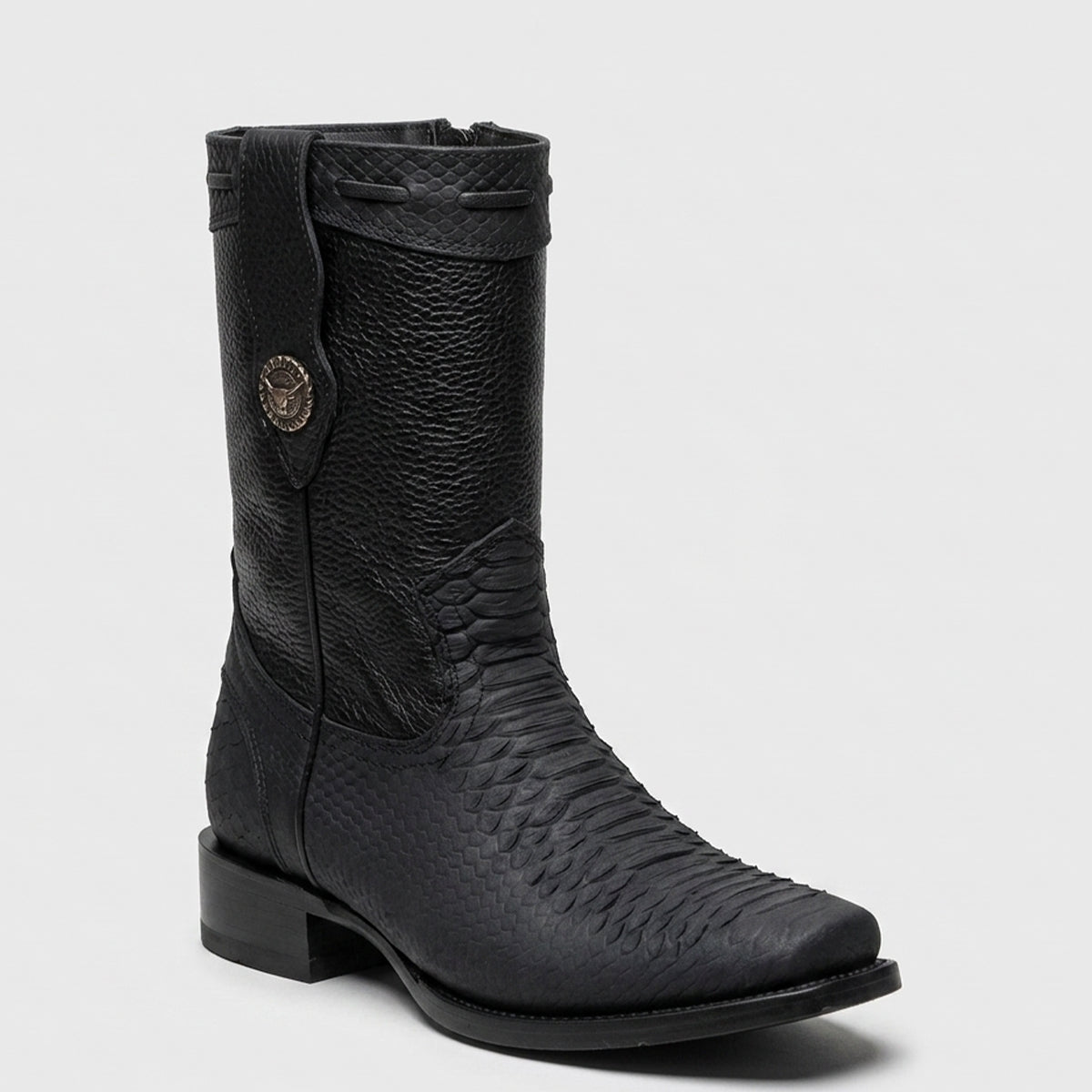 La Sierra Men's black snake print western boot with python embossed foot, semi-square toe, side pull strap with metal emblem.