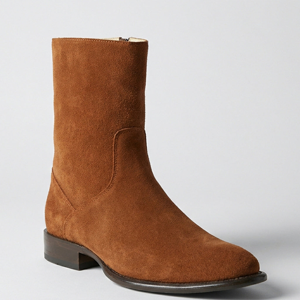 Men's Cognac Suede Low Boots With Zipper Roper Toe 8.5 / Cognac