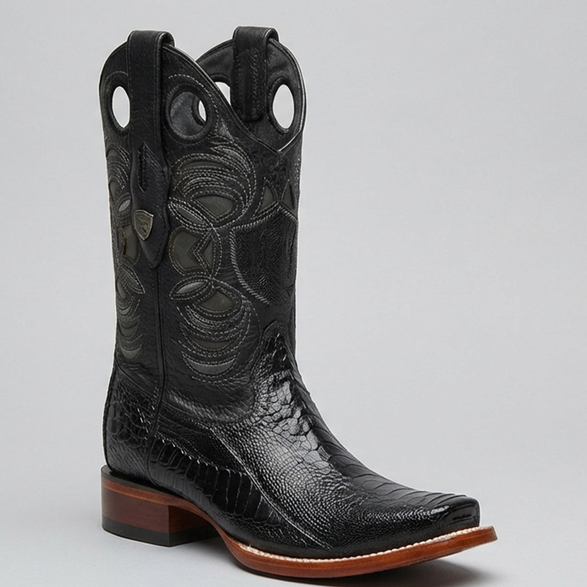 Wild West Men's Black Ostrich Leg Square Toe Cowboy Boot