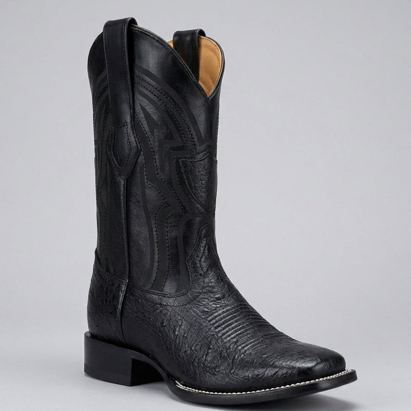 Wild West Men's Black Ostrich Belly Square Toe Western Boot