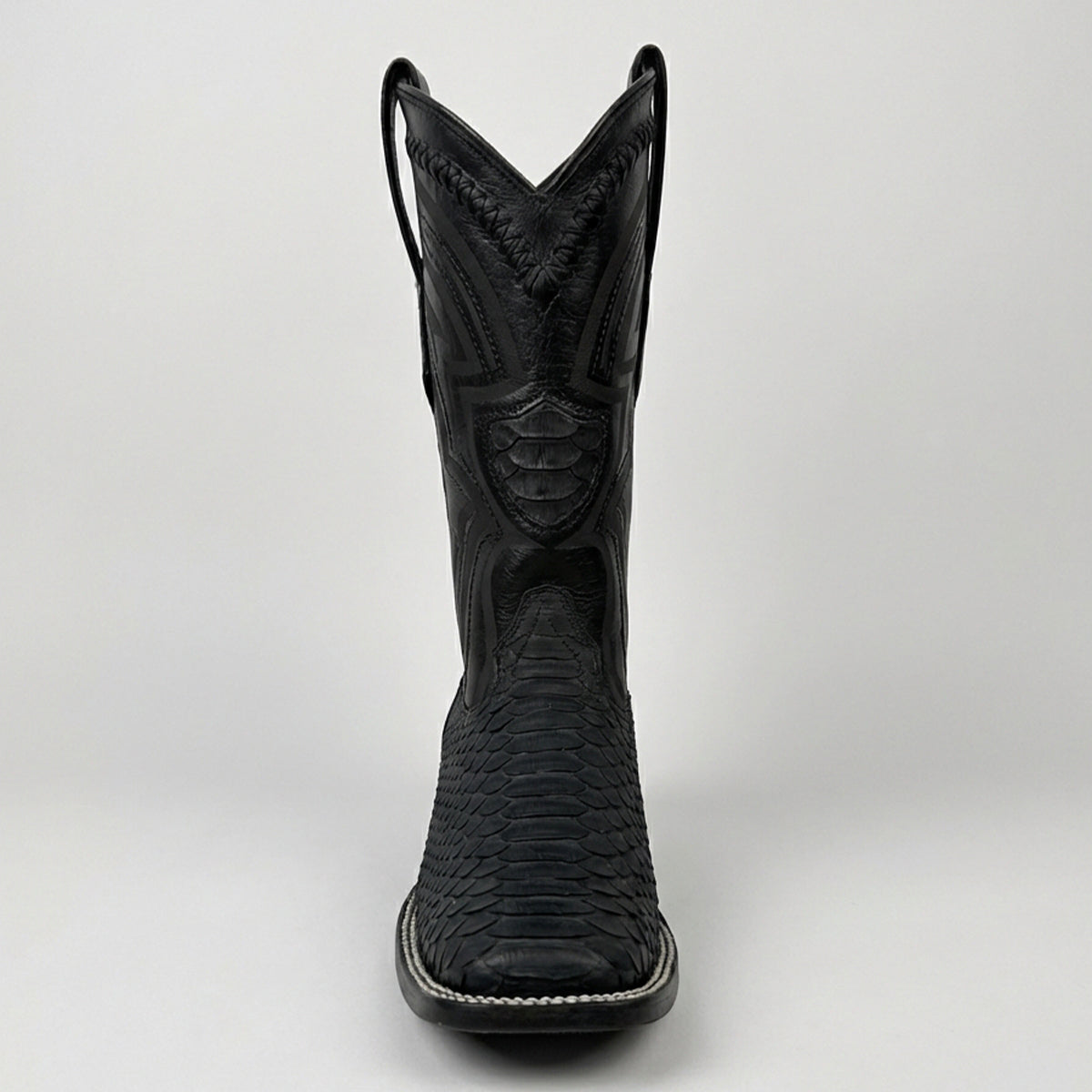 Front view of Wild West Men's Black Python Wide Square Toe Cowboy Boot