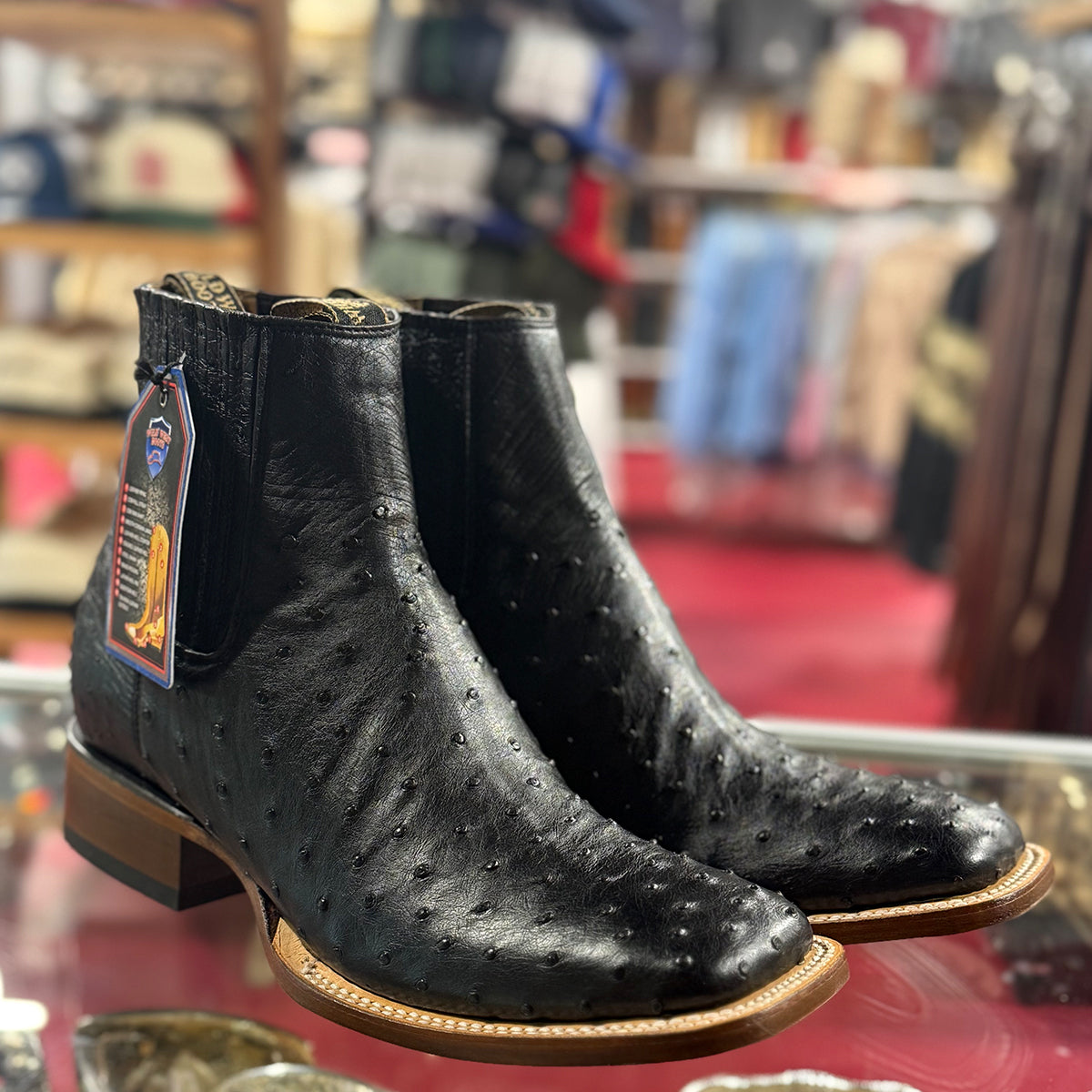 Wild West Men's Black Ostrich Square Toe Chelsea Western Boots