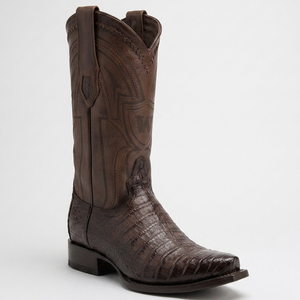 Wild West men's dark brown caiman belly leather snip toe cowboy boot against a light gray background.