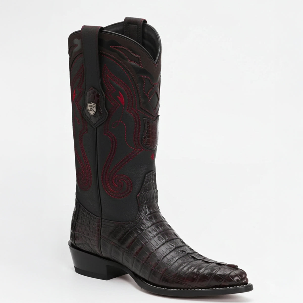 Men's Caiman Tail Print Leather J-Toe Boots - Black