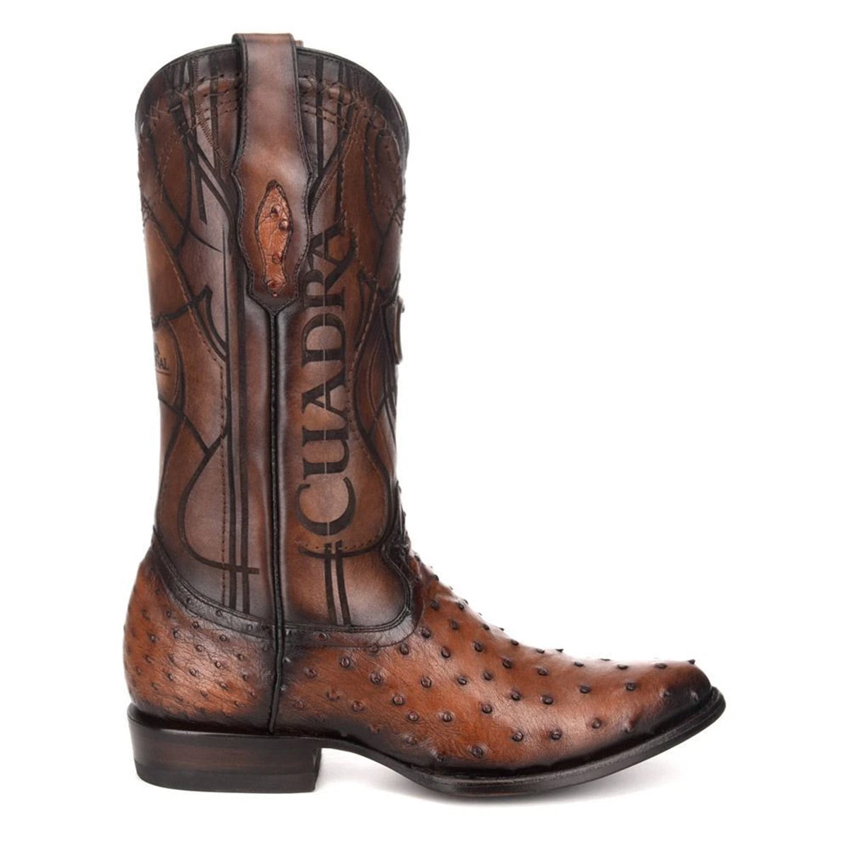 Side view of Cuadra men's brandy brown full quill ostrich western boot r-toe profile.