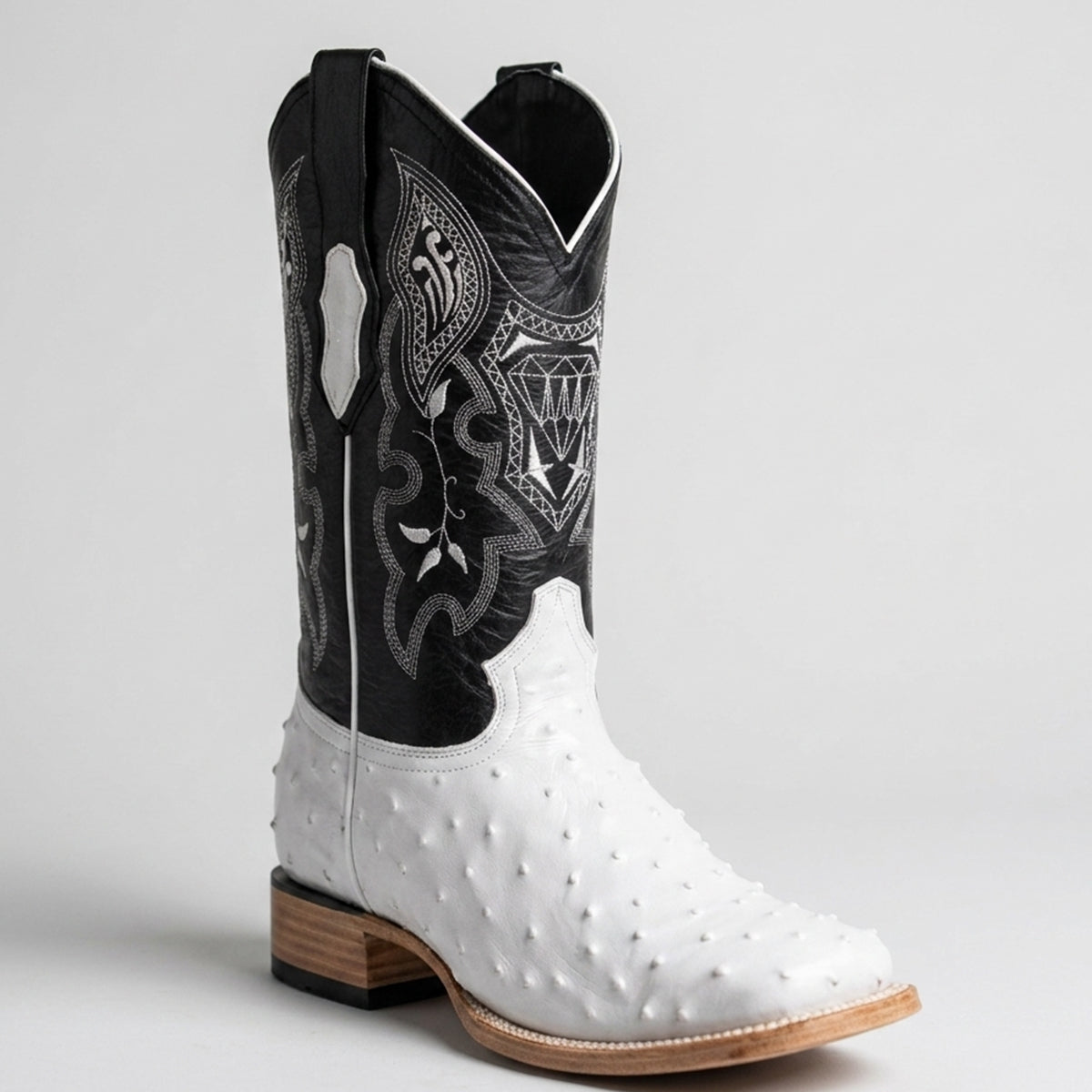 White Diamonds men's white ostrich print square toe cowboy boot.