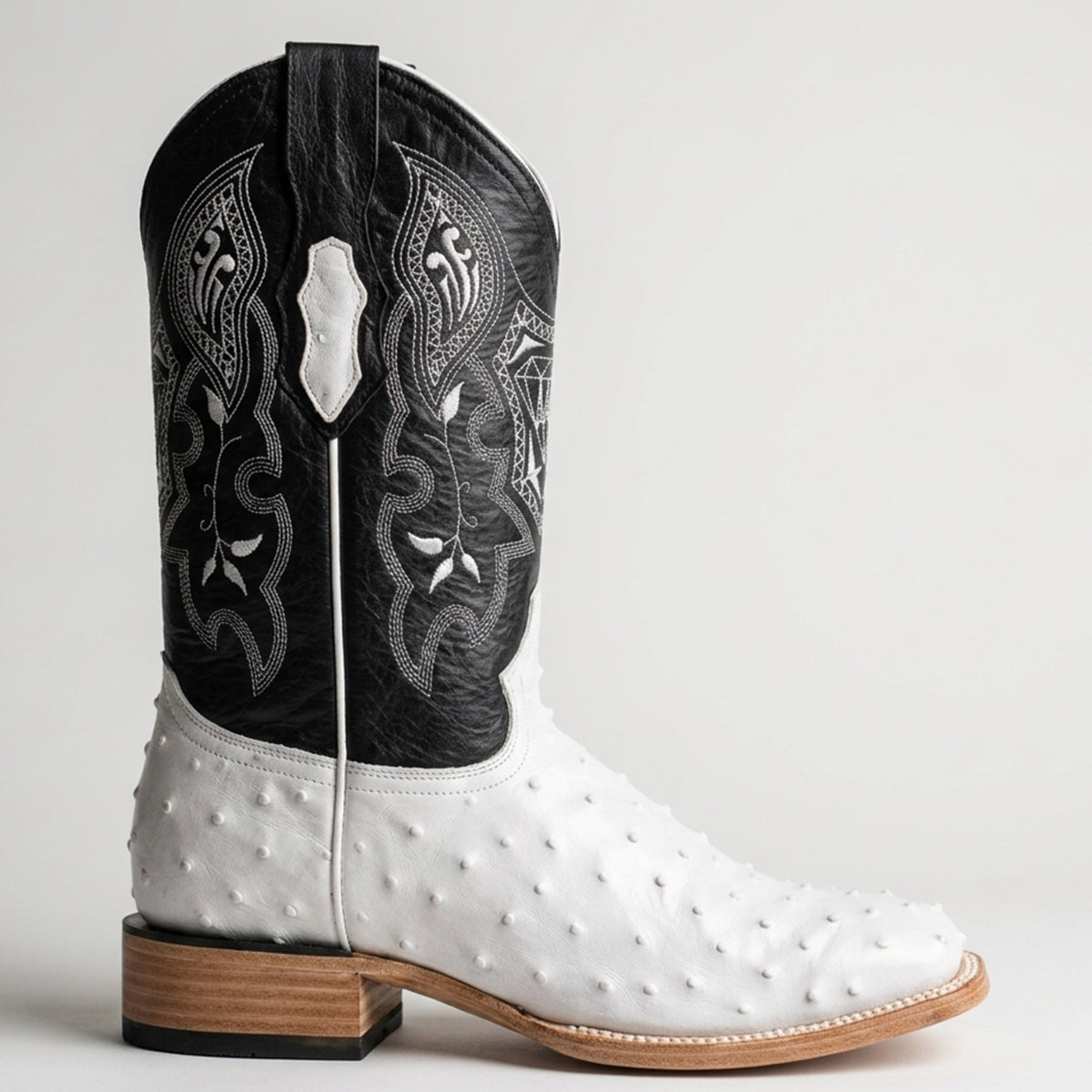 White Diamonds men's white ostrich print square toe western boot.
