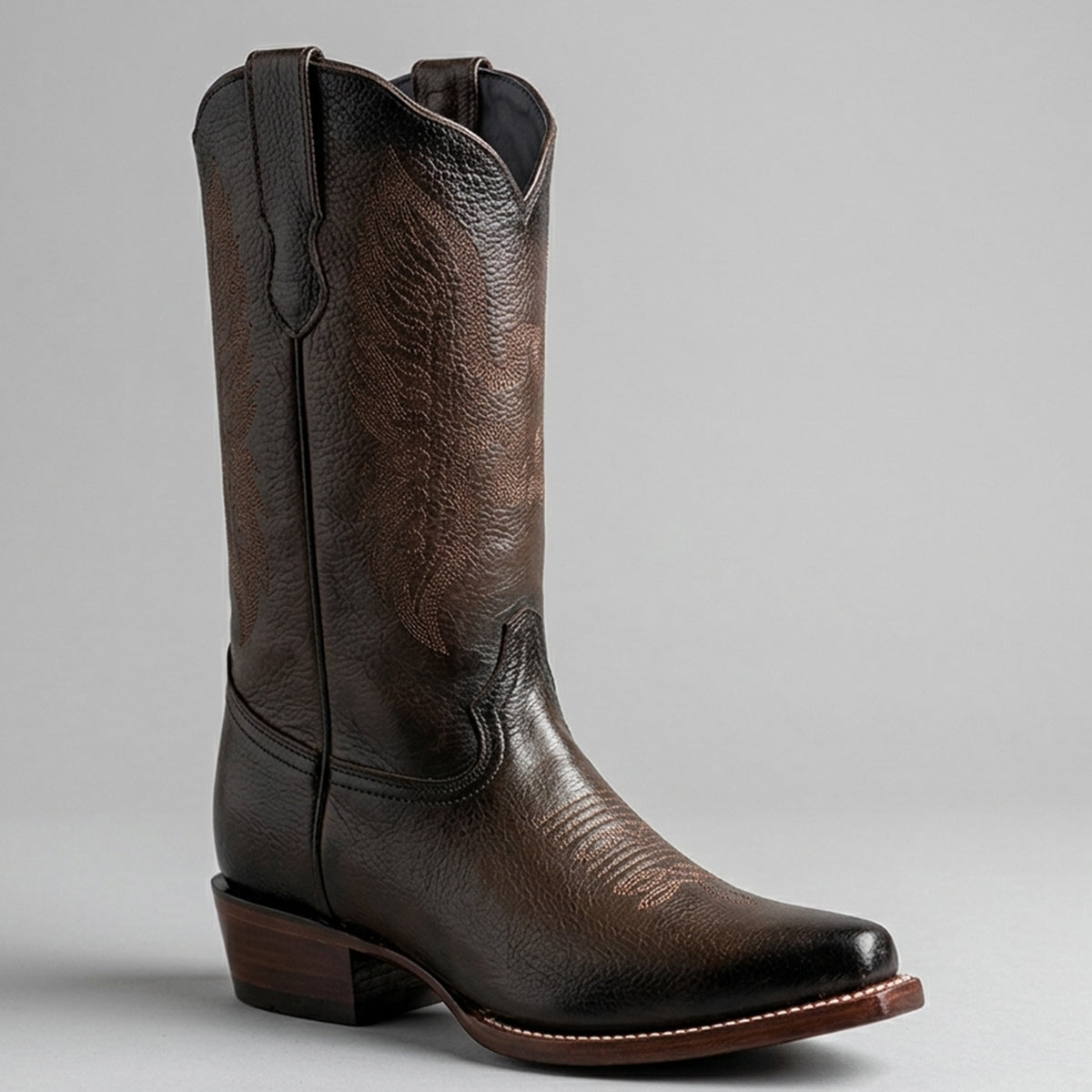 Los Angeles Boots women's dark brown pebbled leather cowgirl boot featuring a burnished snip toe, embroidered shaft, and traditional leather outsole.