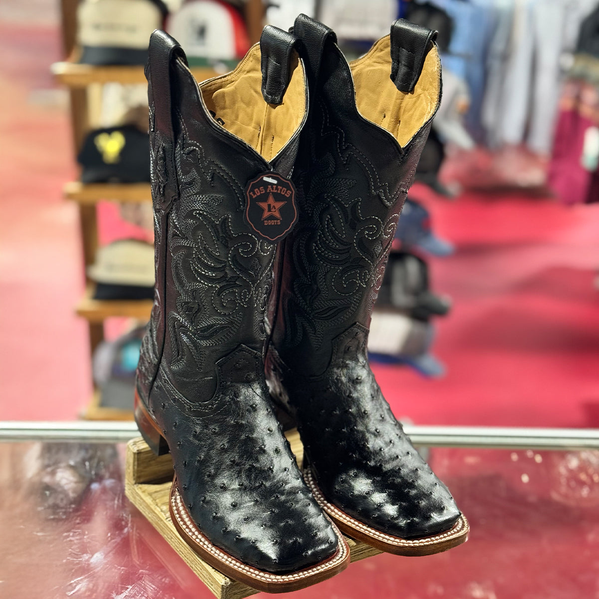 Los Altos women's black full quill leather wide square toe cowbouy boots.