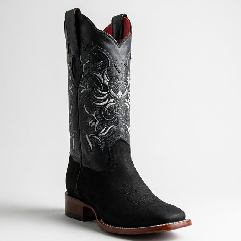Los Altos women's black nubuck leather square toe cowboy boot.