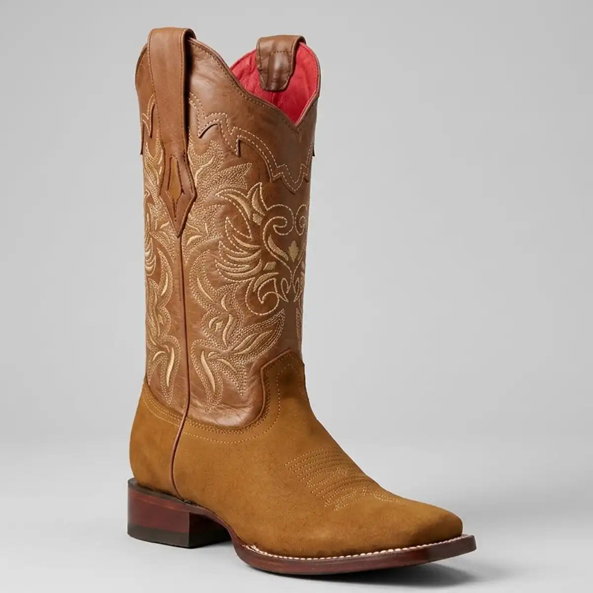Los Altos women's brown cowboy boot with intricate western embroidery on the shaft, a square toe, and a stacked heel, shown against a neutral gray background.