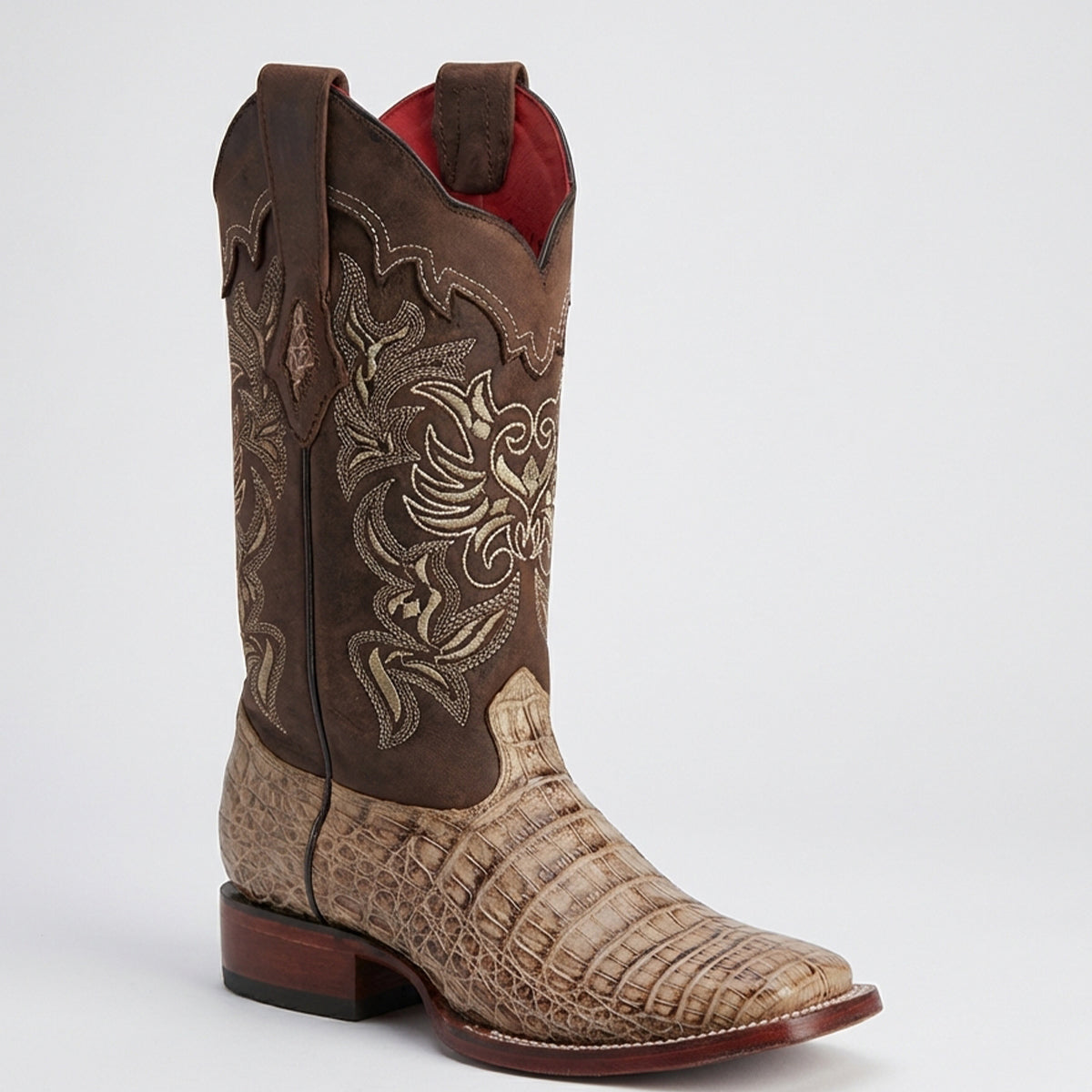Los Altos women's mocha brown caiman belly leather wide square toe cowgirl boot.