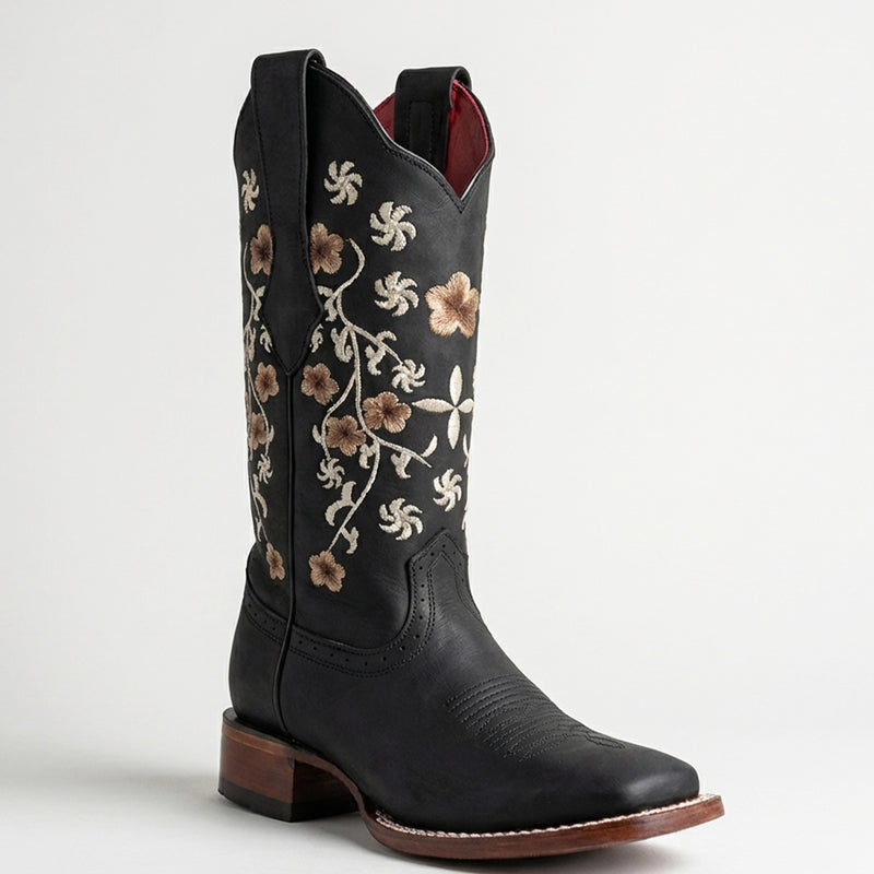 Los Altos women's embroidered floral black square toe cowboy boot.