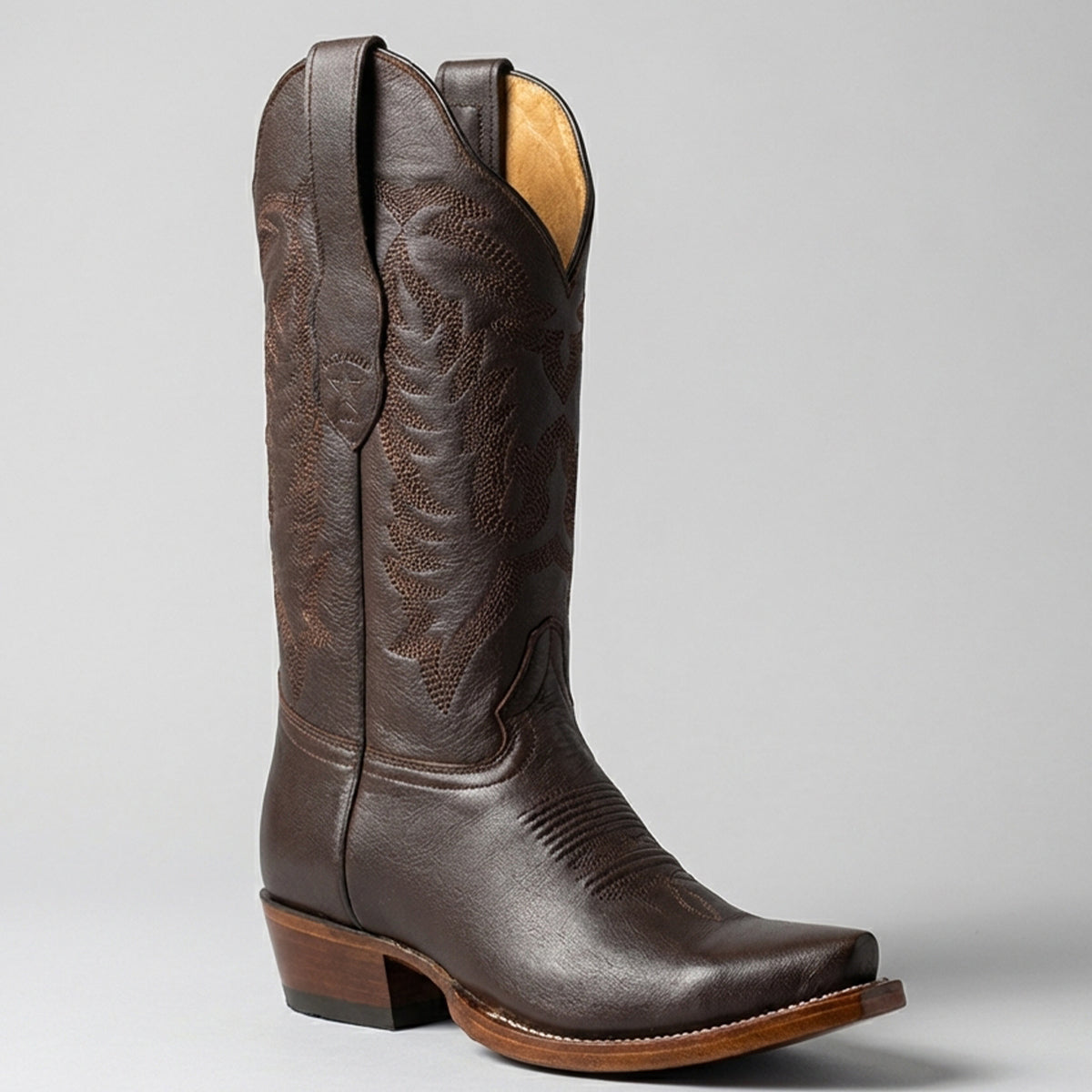 Los Altos women's brown leather cowboy boot snip toe profile.