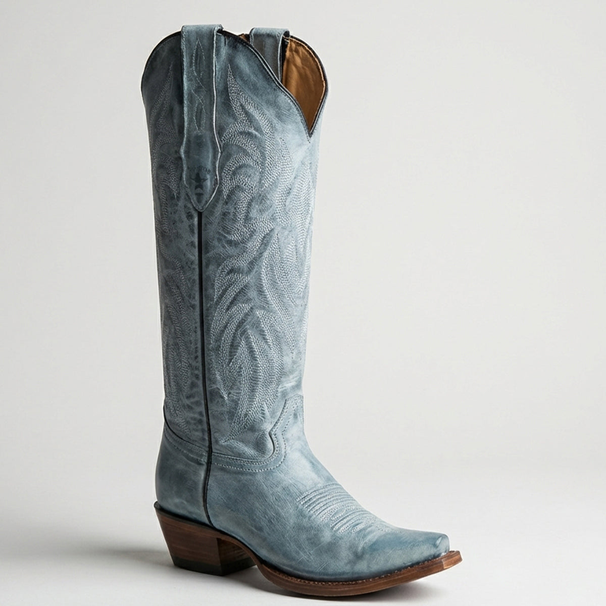 Los Altos women's blue leather knee high western boot snip toe profile.