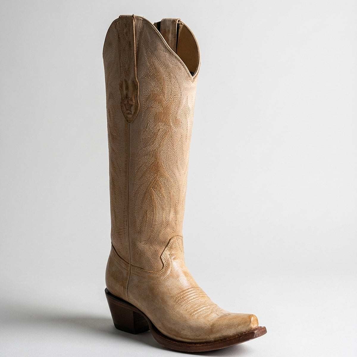 Los Altos women's light brown leather knee high cowgirl boot snip toe profile.