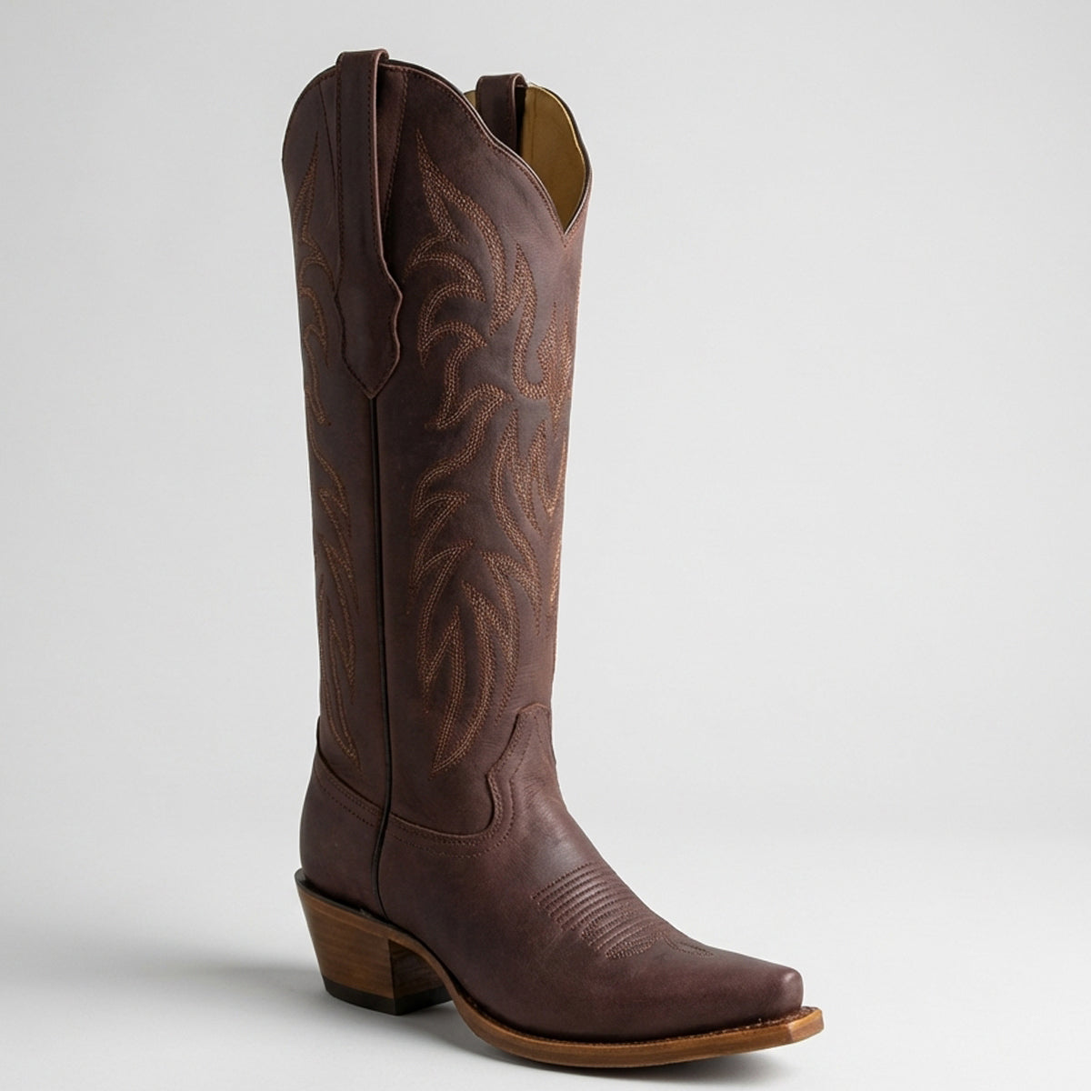 Los Altos women's brown leather knee high western boot snip toe profile.