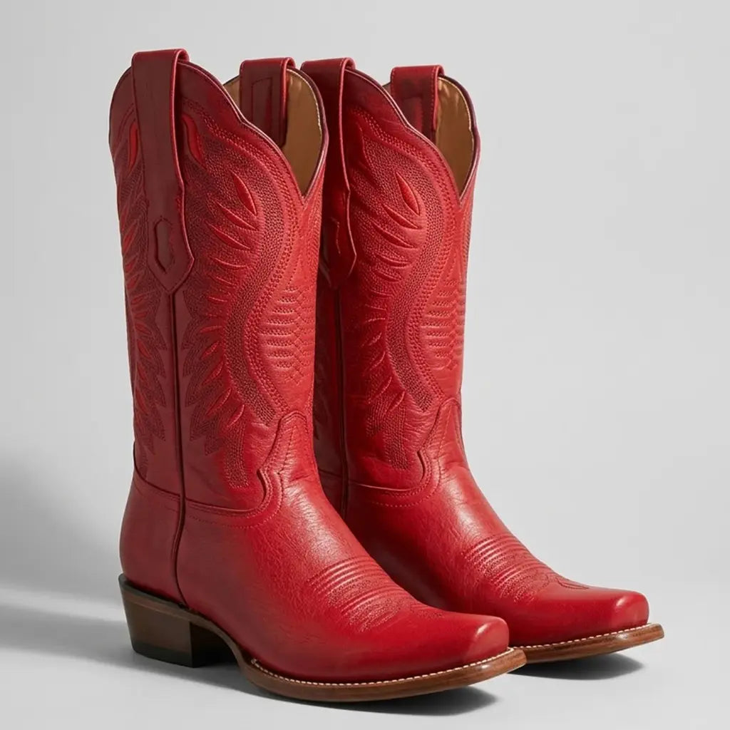 Studio pair shot of the Los Altos Women's red leather cowgirl boots displaying the 12-inch stitched shaft, 3-inch heel, and semi-square cutter toe silhouette.