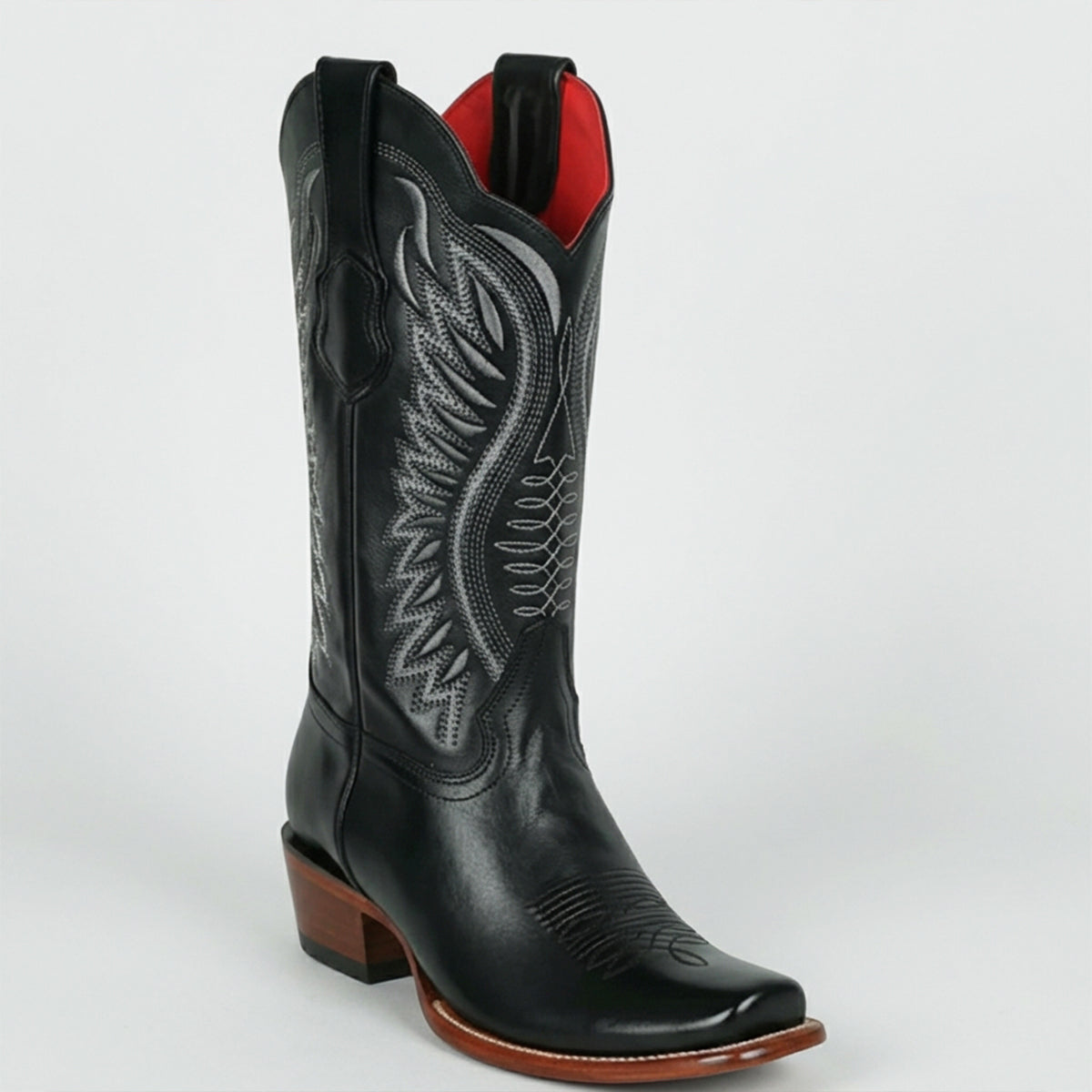 Los Altos women's black leather western boot semi square toe profile.